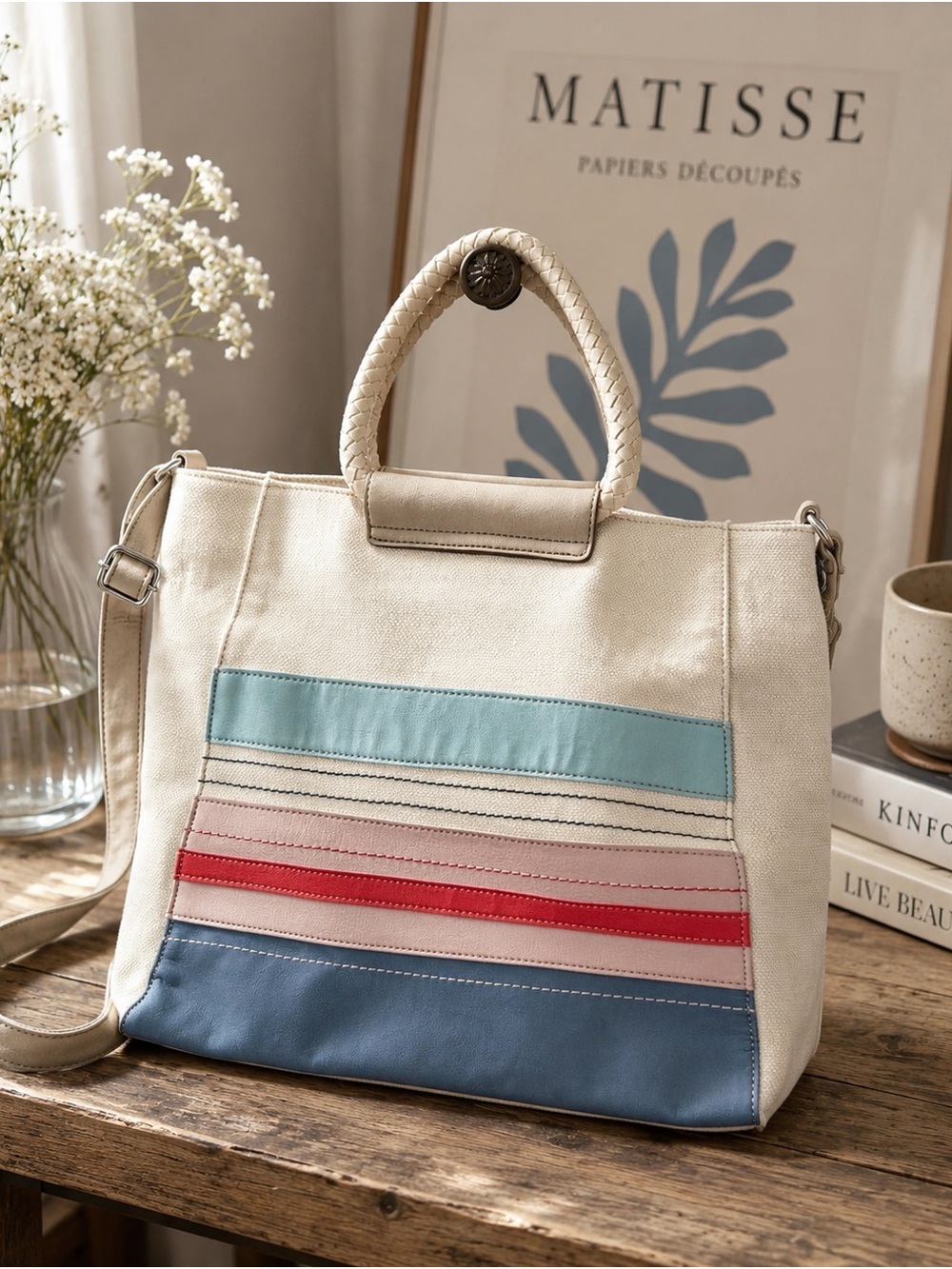 Relic Canvas Tote Bag Crossbody Cream Blue Pink Striped Braided Handles